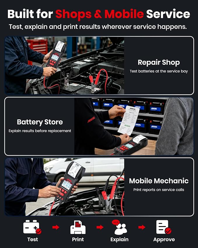ANCEL BST600 12V 24V Battery Tester with Printer, 100-2000 CCA Lead-Acid Battery Load Tester, Automotive Starter Alternator Cranking Charging System Analyzer for Cars Trucks RV Marine Motorcycles