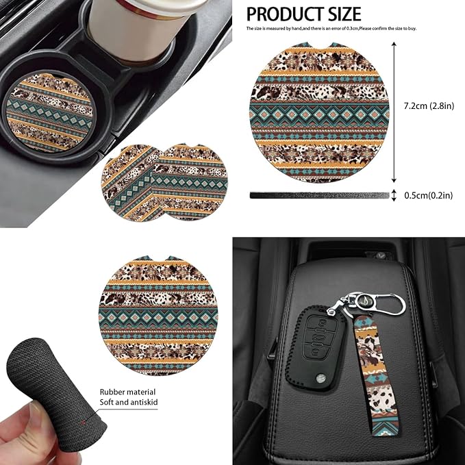Sunflower Highland Cow Car Seat Covers Sets 14pcs,Sunflower Western Cow Auto Seat Protector Pad+Seatbelt+Steering Wheel+Car Coasters+ Interior Mirror Accessory+Cow Keychain for Women Men