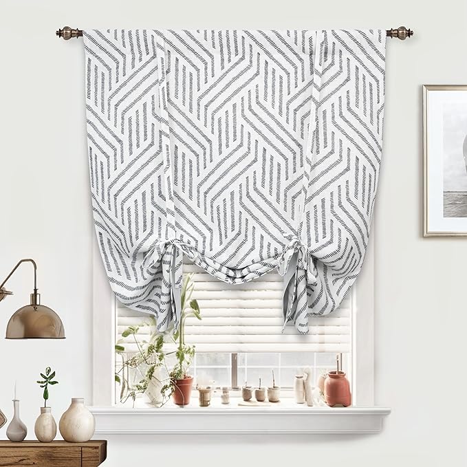 DriftAway Farmhouse Double Layer Linen Blackout Tie Up Curtains Thermal Insulated Striped Fully Lined Balloon Roman Shade Bathroom Window Adjustable Rod Pocket 39 Inch by 55 Inch Briony Black