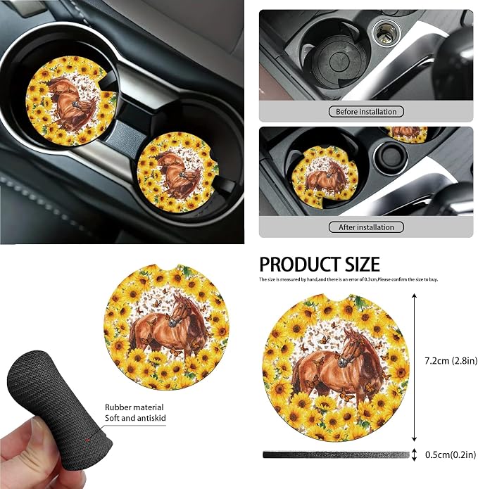 Horse Sunflower Butterfly Print 15 PCS Car Front Back Seat Covers Full Set, Steering Wheel Cover Trash Bag Seatbelt Strap Pad Air Vent Storage Bag Rearview Mirror Cover Coasters Key Chain