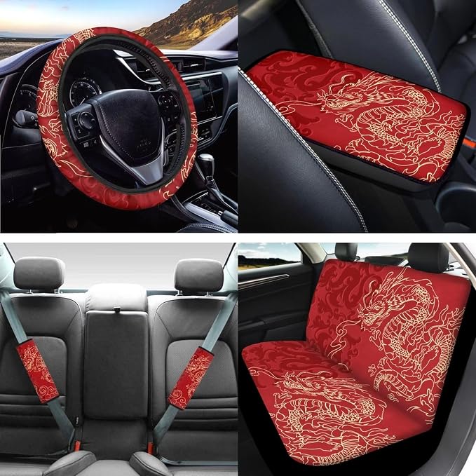 Mumeson Dragon Car Seat Covers for Front Rear Seat Protector with Steering Wheel Cover + Seat Belt Strap Pads Shoulder Pad Armrest Cushion Pad of Car Full Set of 8 Pcs Car Decor Set Purple