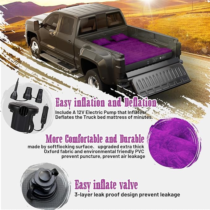 Umbrauto Truck Bed Air Mattress for 6-6.5ft Full Size, Upgraded Thickened Inflatable Mattress with Pump, Pick Up Airbed for Truck Tent Camping, Purple