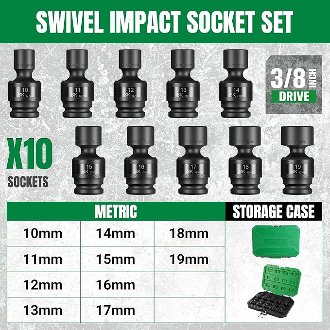 SK 3/8" Drive Universal Swivel Impact Socket Set, Metric Socket Set, 10-Piece, Premium CR-MO Steel, SureGrip 6 Point Design, with Storage Case