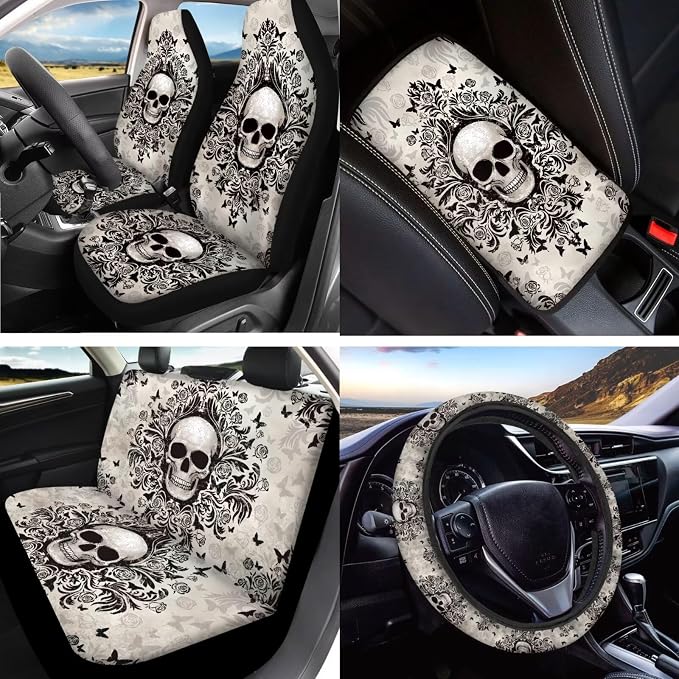 Gothic Skull Print Car Interior Cover Set Includes High Back Seat Covers Steering Wheel Cover Safety Belt Pads Headrest Covers Center Console Pad Cup Cushions Key Chain for Men Women