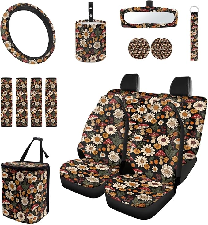 Mushroom Dasiy Car Seat Cover Split Covers for Women Men, Car Steering Wheel Cover Seat Belt Strap Pad Trash Bag Rearview Mirror Accessories Cup Holder Key Chain, 15 PCS