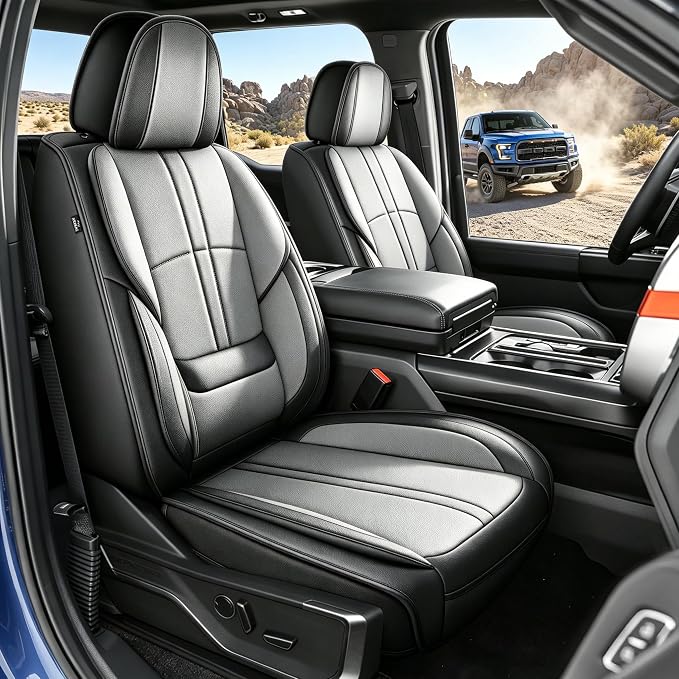 for Ford F150 Seat Covers 2009-2024 2025 2026 | F250 F350 F450 2017-2025 2026 Seat Covers Super Duty, Leather Waterproof, Custom Fit for Ford(Full Set,Black & Grey)