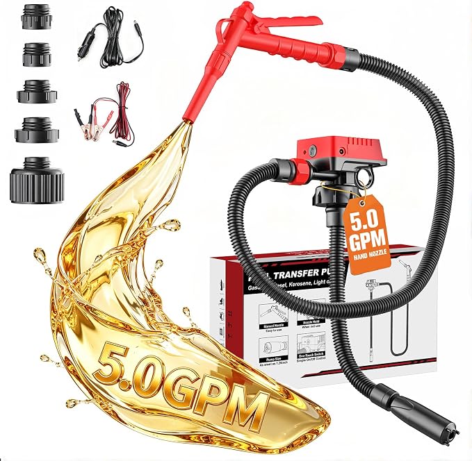 DIYtoolifz 5 GPM Cordless Fuel Transfer Pump Compatible with DeWalt 20V & Milwaukee 18V Batteries, Portable Gas Can Pump with 51" Hose, 5 Adapters, Gas Pump for Diesel, Gasoline (Bare Tool)