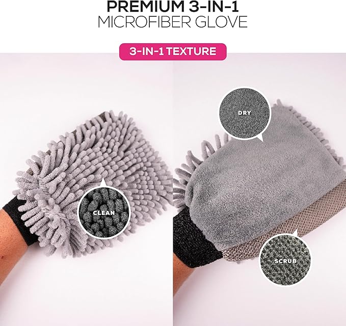 Premium 3-in-1 Car Wash Mitt Scratch Free, Cleaning Mitt, Microfiber Wash Mitts for Car Washing, Drying, and Scrubbing (2-Pack)