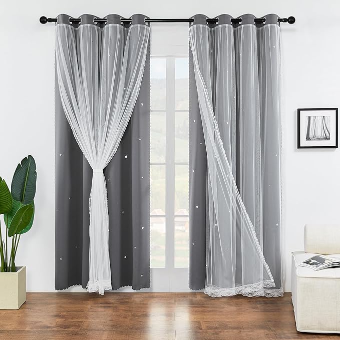 XiDi Star Curtains - Unicorn Kids Room & Bedroom Blackout Curtains, 63x52in, 2 Panel Sets, Grey