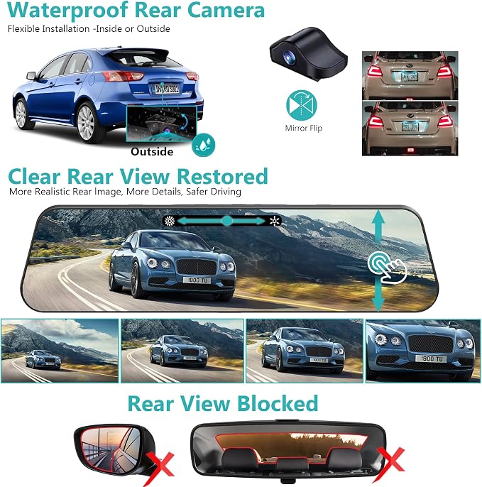 12'' 4K Rear View Mirror Camera,4K+2.5k Front and Rear Mirror Dash Cam,ADAS BSD LCA Smart Rearview Mirror for Cars,App WiFi,Night Vision, Parking Monitor, 64GB Card & GPS Digital View Mirror Dashcam