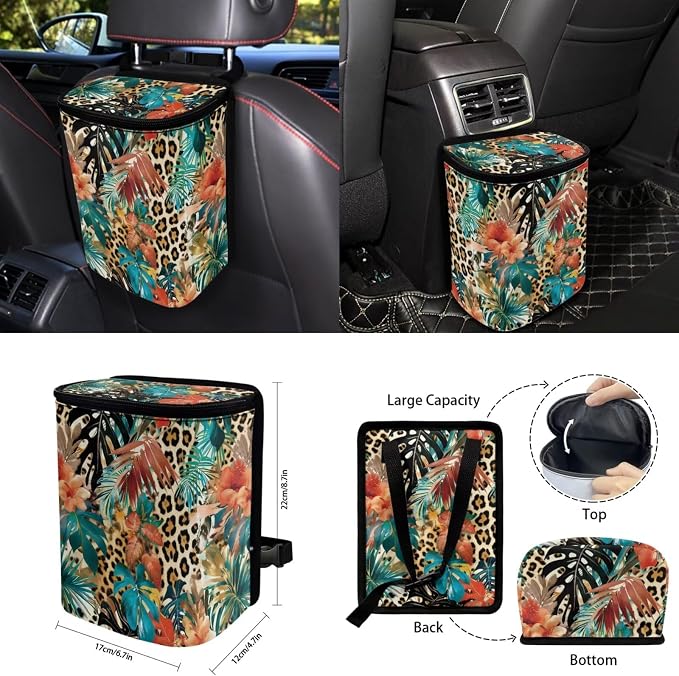 Tropical Floral Auto Interior Accessories Leopard Car Seat Covers with Auto Steering Wheel Cover Seat Belt Covers Car Trash Can View Mirror Cover Coaster Keychains