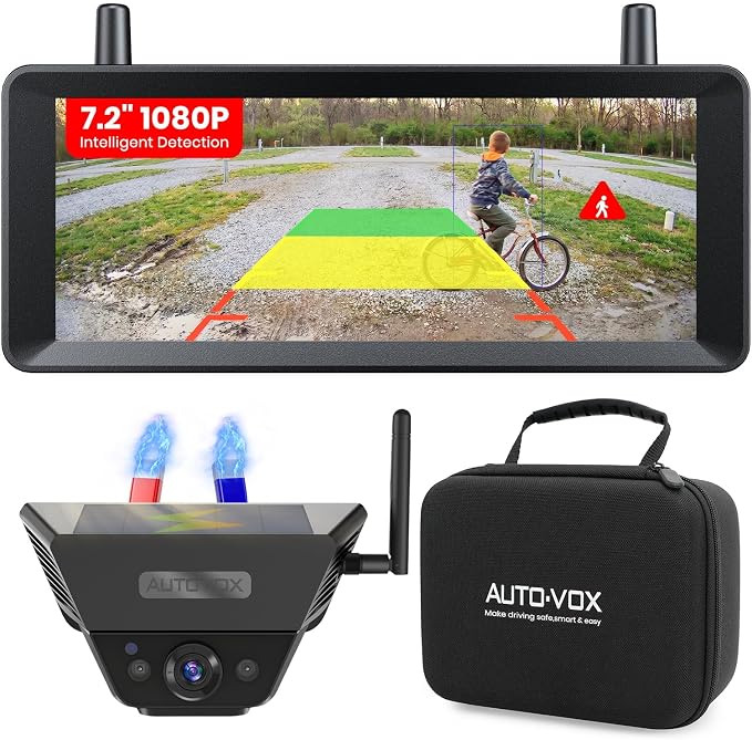 AUTO-VOX Solar Magnetic Wireless Backup Camera: 1-Min Easy Magnetic Install, Smart Detection Helps Spot Cars & Pedestrians, 7.2" 1080P Split Screen Monitor, Back Up Camera for Truck RV Trailer Camper
