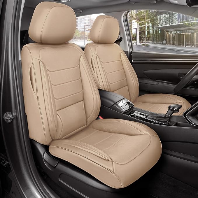 MotorBox Meridian Series Napa Leather Seat Covers for Cars, Classic Cushion Front Seat Covers, Premium PU Leatherette Beige Car Seat Covers with Classic Line Design, Cars Trucks SUVs