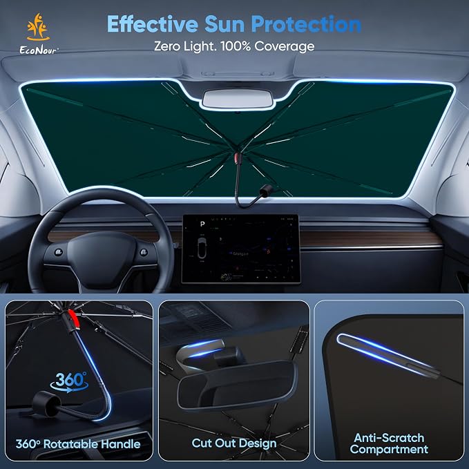 Econour Tesla Model 3/Y Windshield Sun Shade Fit for Tesla 3/Y (2017-2026), Car Window Shade for Front Windshield, Sun Blocker Visor Extender | Heat Protection Front Window Cover 57"x33.5"