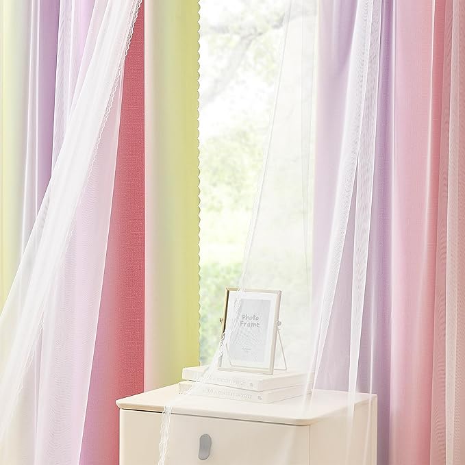 XiDi Blackout Curtains with Sheer Overlay for Girls Bedroom Double Layer Curtains for Kids Nursery Room Darkening Rainbow Princess Unicorn Wall Decals Pink Yellow Purple Grommet Top 2 Panels W34xL63