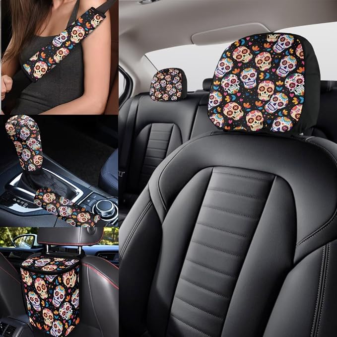 Skull Car Seat Covers Full Set of 17 Pcs,Universal Skull Floral Car Accessories for Women Man Automotive Interior with Auto Trash Bag Floral Auto Head Rest Covers,Washable Easy to Install