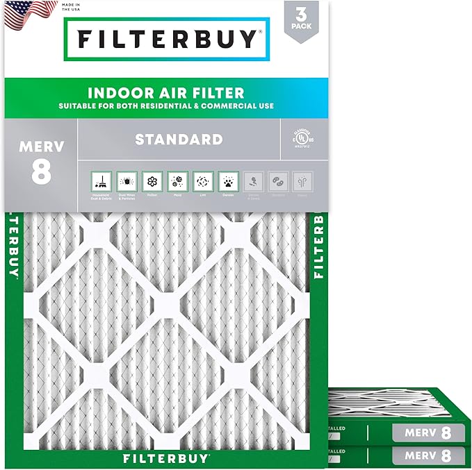 Filterbuy 16.5x21x1 Air Filter MERV 8 Essential Dust & Allergy Defense (3-Pack), Electrostatic Pleated HVAC AC Furnace Filters Replacement (Actual Size: 16.50 x 20.50 x 0.75)