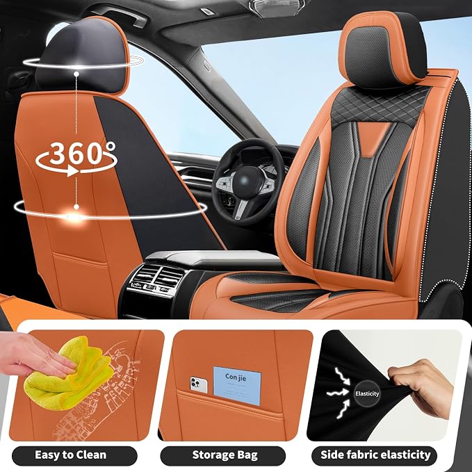 Fit Tucson Car Seat Covers Premium Leather for Hyundai Tucson 2013-2025 2026. Waterproof，Anti-Slip, Scratch-Resistant & All-Weather Seat Cushion Protector (2 Front Seat, Orange&Black)