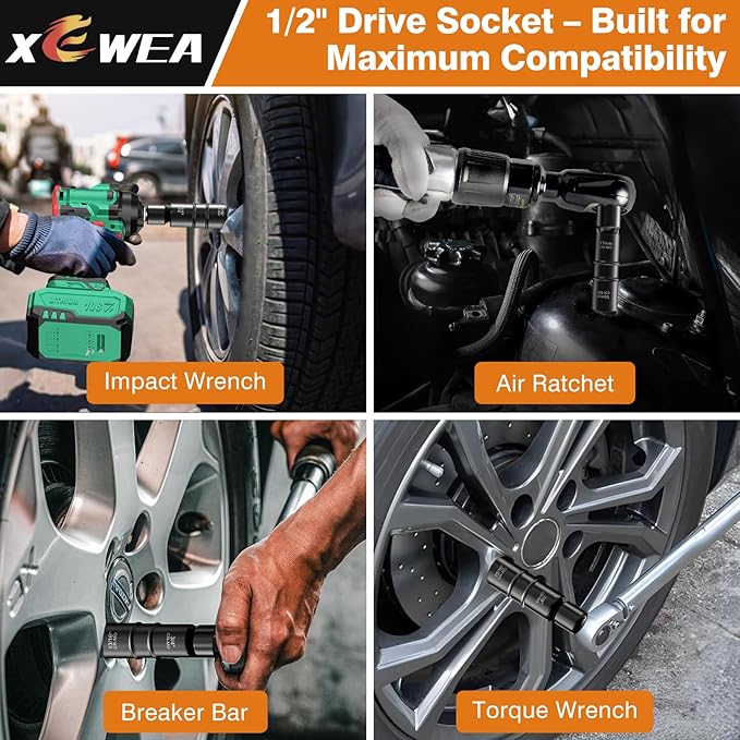 XEWEA 1/2 Inch Drive 17mm x 19mm Thin Wall Impact Flip Socket, Lug Nut Impact Socket Set Double Ended Thin Wall Nut Sockets CR-MO Twist Removal Tool for Stripped Rusted Bolts