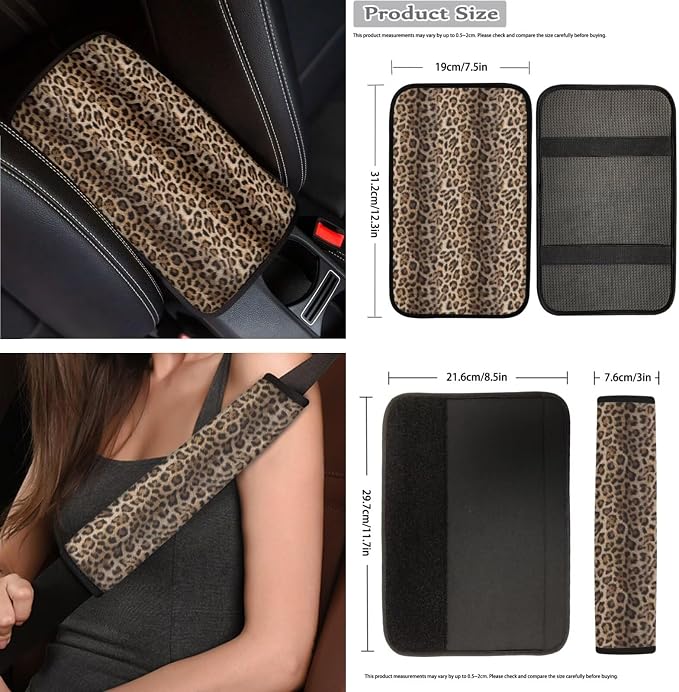 Brown Leopard Car Seat Covers Full Set 15 Pcs Universal Car Accessories Steering Wheel Cover Seat Belt Pads Garbage Bag Car Headrest Pillow Covers Armrest Pad