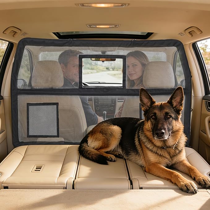 52" Wide Dog Car Barrier with Window & Steel Frame, Universal Fit for Cars, Sedans,SUVs,and Trucks, Car Barrier for Escape-Proof, Vehicle Gate for Dog Travel