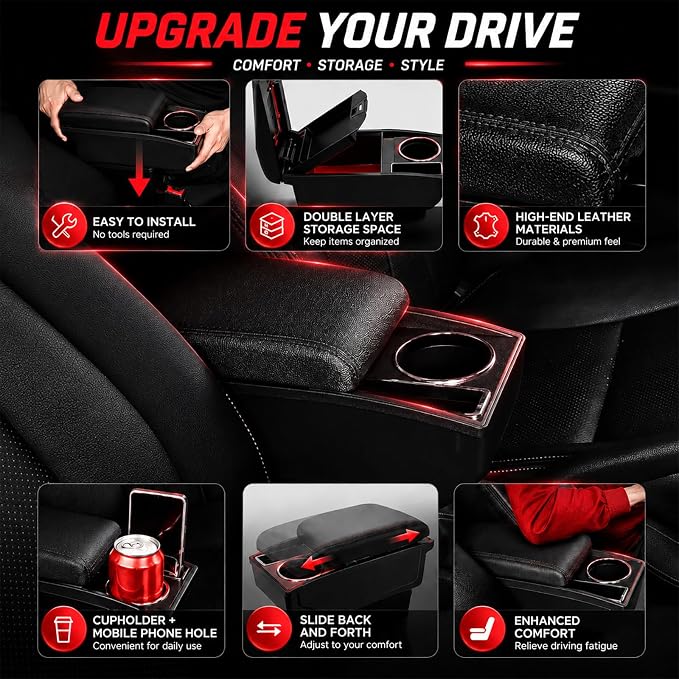 Car Armrest Box Compatible with Honda Fit Jazz Hatchback 2009-2013 Accessories Storage Center Console Double Layer Armrest Organizer Box with Cup Holder Black Stitching