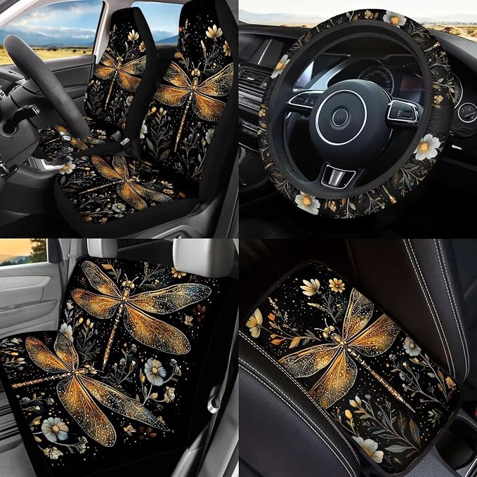 Dragonfly Car Seat Covers Full Set of 17 Pcs,Dragonfly Flowers Car Aaccessories Set with Steering Wheel Covers,Dragonfly Auto Seat Head Rest Protector for Auto Front Seat Rest Decoration
