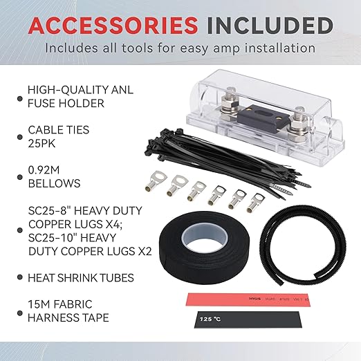 4 Gauge Complete Car Amplifier Installation Wiring Kit, Premium CCA Automotive Audio Systems Cable with OFC 2-Channel RCA Cable & Full Accessories, Brings Power to Radio, Subwoofer and Speaker, DIY