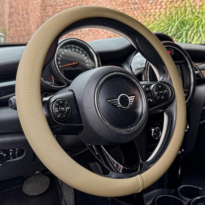 PINCTROT Large Size Nappa Leather Steering Wheel Cover, Slim Fit No Bulk Design, One Piece Leather with Breathable Perforation, Fit Like Gloves, 15.5-15.75 Inch(Nappa Light Taupe)