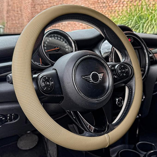 PINCTROT Nappa Leather Steering Wheel Cover, Slim Fit No Bulk Design, One Piece Leather with Breathable Perforation, Fit Like Gloves, Universal 14.5-15 Inch(Nappa Light Taupe)