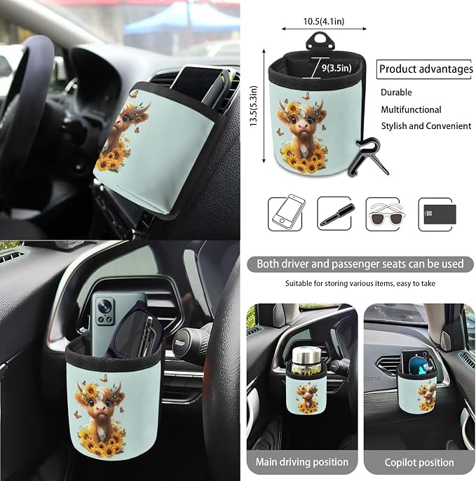 Cow Sunflower Butterfly Print Car Seat Cover Set Steering Wheel Cover Seatbelt Strap Pad Cup Coasters Air Vent Storage Holder Garbage Cans Rearview Mirror Covers Key Chain, 15 Pack