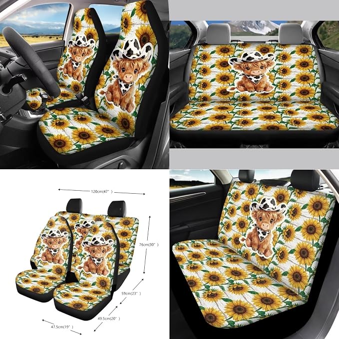 Wanyint 15 PCS Car Seat Covers Full Set with Steering Wheel Cover Seat Belt Pads Trash Bin Sunglass Pocket Rear View Mirror Protector Coasters Key Chain, Cowboy Highland Cow Sunflower