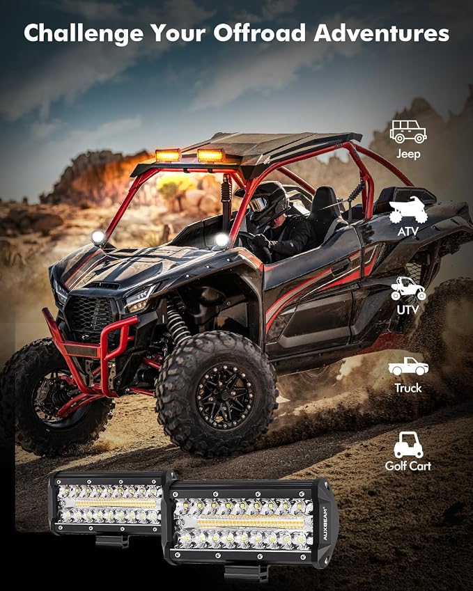 Auxbeam 6 Modes Amber White Series 7-Inch 300W LED Pods Light Bar | Spot flood combo, Dual color, Flashing strobe lights, Memory function, Truck fog lights, for Jeep car motorcycle ATV