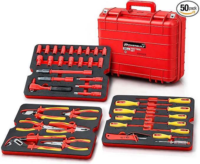 Powerbuilt 50 Pc.1000V Insulated Electricians VDE Tool Set with Waterproof Case, 3/8 in. Dr. Ratchet, 16 Pc. Socket Sizes 10-24mm, 10 Pc. Screwdriver, 6 Pc. Pliers - 240259