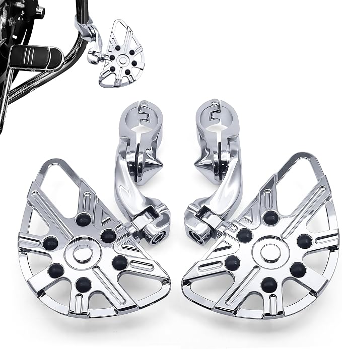 MZS Motorcycle Highway Pegs, 1.25" Short Angled Adjustable Wide Foot Peg Chrome Compatible with Softail Sportster Electra Road King Street Glide Vulcan VTX V Star Boulevard for 1 1/4 Engine Guards Bar