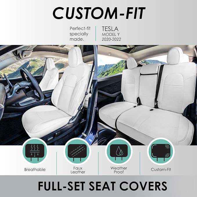 FH Group Custom Fit Car Seat Covers Specifically Made for 2020-2025 Tesla Model Y Faux Leather Water Resistant Automotive Seat Covers -Front Set Beige