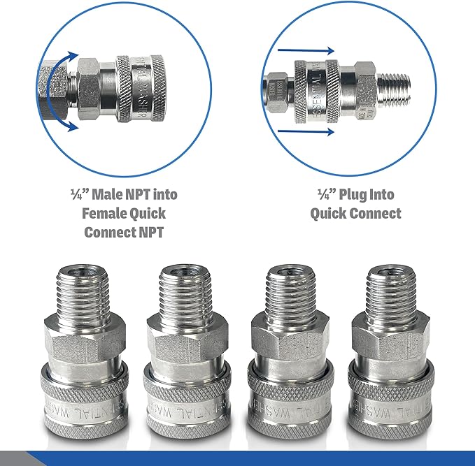 Essential Washer Stainless Steel ¼” Quick Connect Male NPT | Pressure Washer Quick Connect Fittings | 5000 PSI | Set Of 4