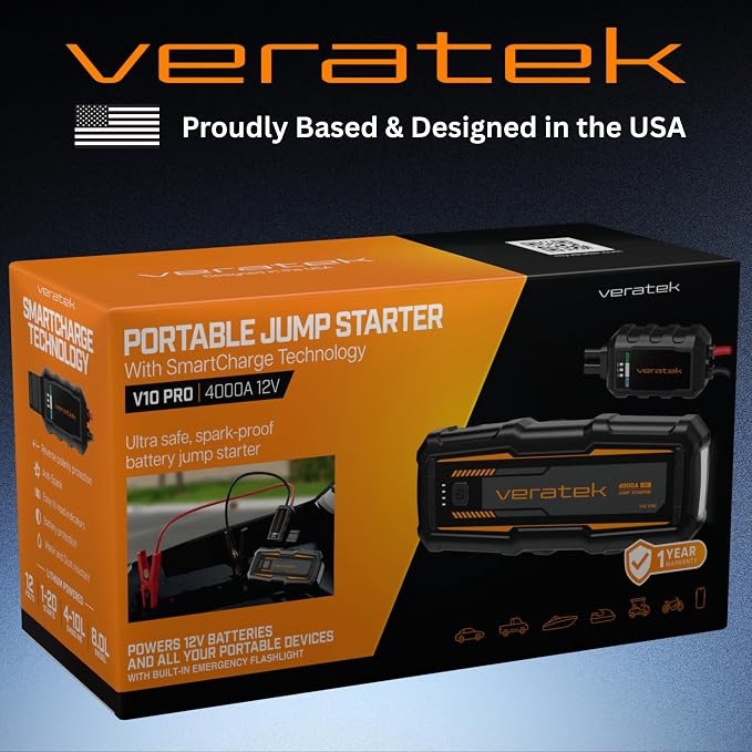 ReelCharge - Veratek V10 Pro 4000A Car Battery Jump Starter Portable (10.0L Gas & 8.0L Diesel) – 12V Lithium Battery Booster Pack with SmartCharge Safety, Jumper Cables, 24000mAh Power Bank, Jump Box