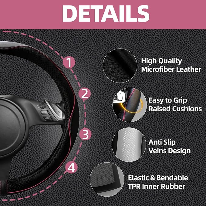 NBTEPEM 10 Pcs Car Floor Mats Full Set Car Accessories, Microfiber Leather Steering Wheel Covers 14.5-15 inch, Center Console Cover, Seat Belt Pads, Cup Coasters, Universal Interior Decor(Pink)