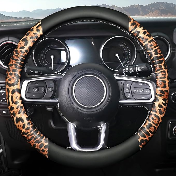 Cheetah Leather Steering Wheel Cover, Steering Wheel Protector, Anti-Slip, Breathable, Absorbing Sweat, Universal Leopard Car Accessories 14.5–15 inch,Black&Brown