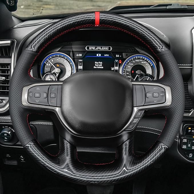 MEWANT Hand-Stitched Steering Wheel Cover Wrap for Dodge Ram 1500 2019-2023 Steering Wheel Accessories for Dodge Ram(Backsides Without Buttons)