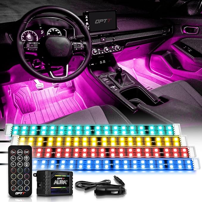 OPT7 Aura Double Row Car LED Lights Interior with Wireless Remote Control, Multicolor Mode, Sound Active Function Inside Ambient Lighting Kit, Footwell Floor Decor, Charger Adapter 12V, 4pc
