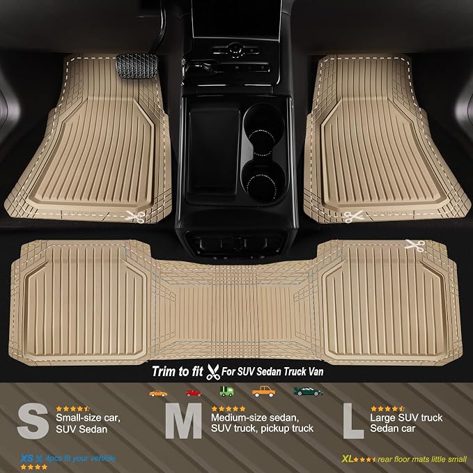 CAR PASS Heavy Duty Rubber Floor Mats for Car, Waterproof Liner Deep Dish Car Mats Full Sets, Universal Trim to Fit for SUV Truck Sedans Vans, All Weather Automotive Floor Mats 3pcs, Solid Beige