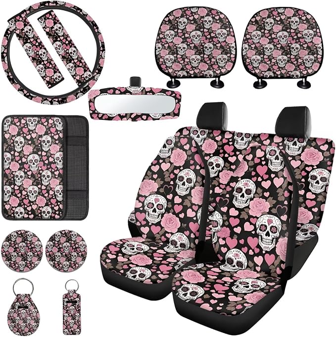 Rose Skull Print Car Interior Cover Set Includes High Back Seat Covers Steering Wheel Cover Safety Belt Pads Headrest Covers Center Console Pad Cup Cushions Key Chain for Men Women