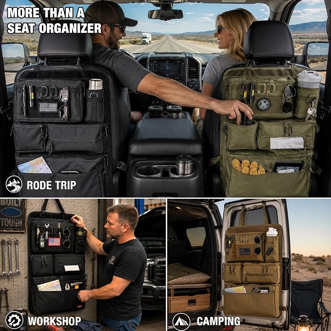 Tactical Seat Back Organizer Heavy Duty MOLLE Panel Organizer with Multiple Pockets & Hook Loop Panel for Road Trip Essentials, Universal Fit for Car SUV Truck Jeep (Army Green)