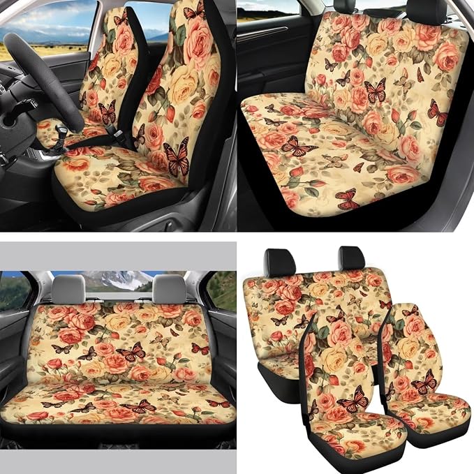 Rose Car Seat Covers 14Pcs, Butterfly Retro Rose Automotive Seat Covers Accessory Full Set with Keychain+Steering Wheel Cover+Auto Mirror Cover+Cup Holder Mat
