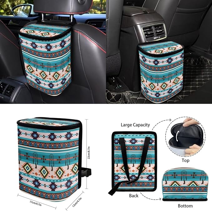 Blue Boho Car Accessories Car Seats Cover Protector, Steering Wheel Covers, Seatbelt Cover, Car Trash Can, Cup Coasters, Rearview Mirror Cover, Keychains, Pack of 15
