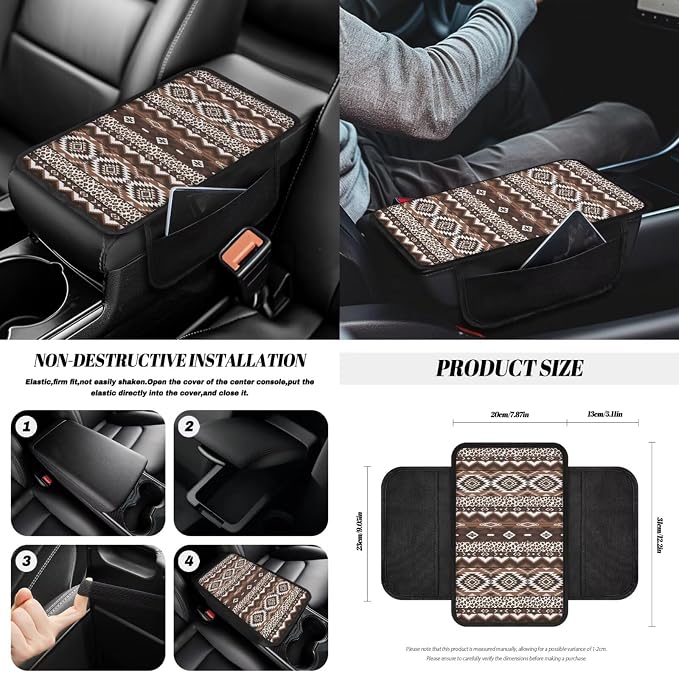 Aztec Tribal Car Seat Covers Full Set of 14 Universal Front and Rear Car Seat Covers with Steering Wheel Cover Center Console Pad Safety Belt Pads for Truck Sedan SUV, Brown