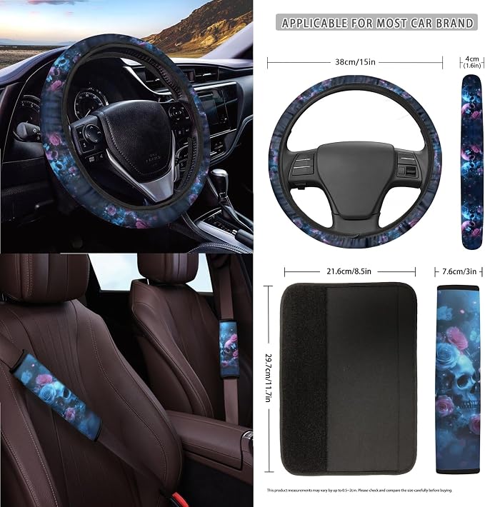 Skull Butterfly Rose Print Car Accessories Set of 15 Car Seat Covers Seatbelt Strap Pad Steering Wheel Cover Air Vent Storage Bag Rear View Mirror Cover Trash Cans Cup Holder Key Chain