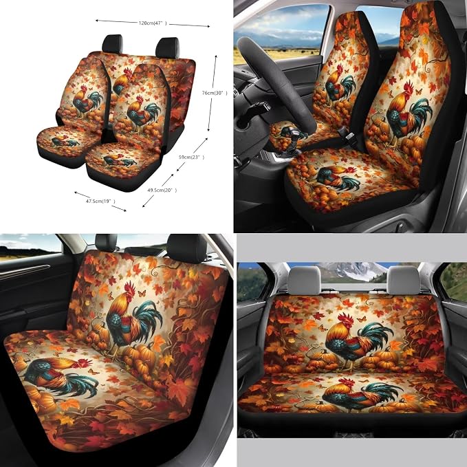 Suobstales Rooster Chicken Pumpkin Butterfly Maple Leaves Print 11 PCS Car Accessories Thanksgiving Decor Car Seat Covers Full Set with Steering Wheel Cover + Seat Belt Covers + Coasters + Keychains